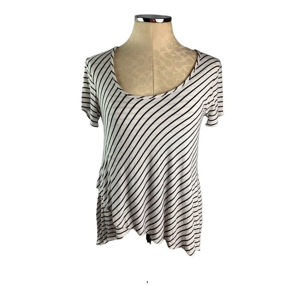 Small Bobeau Women's Black White Striped Short Sleeve Tshirt Layered